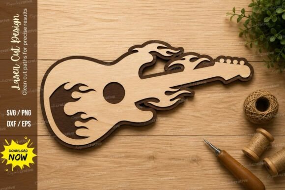 Acoustic Flame Guitar Laser Cut SVG Desi