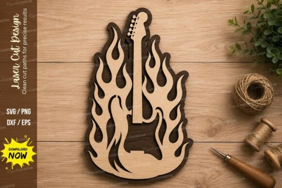 Bass Guitar Flame Laser Cut SVG Design