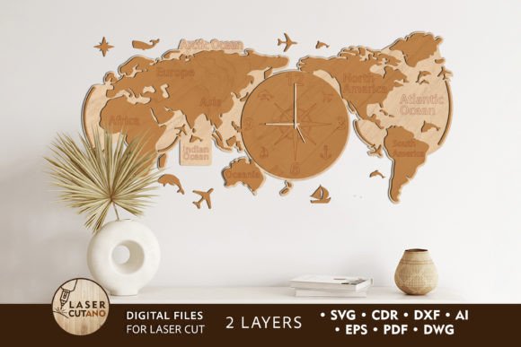 Clock World Map Wooden Wall Art: A Creative Design Asset