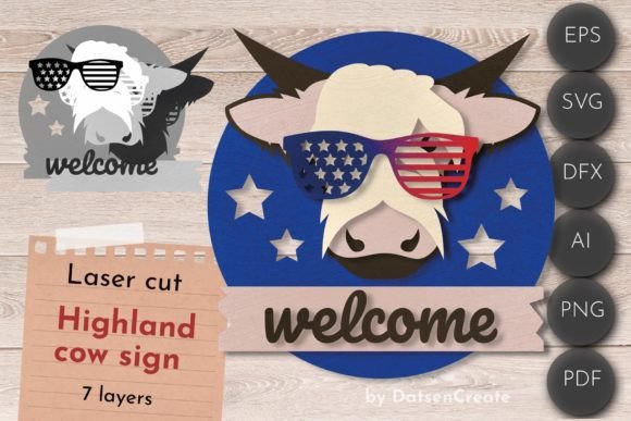 Highland Cow Laser Cut Files for USA Independence Day Decor