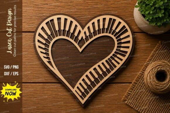 Romantic Minimal Heart Piano SVG for Laser Cutting